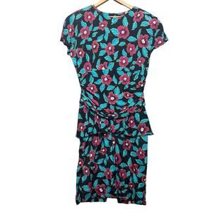 Vintage 80s Floral Peplum Dress Shirred Waist Button Back Size Medium Retro 40s